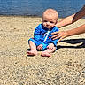 Kaiden Kopas joined the competition — help win amazing prizes! baby, child, beach, sand, lake, water, trees, sky, clouds, sunlight, swimsuit, blue_clothing, barefoot, person, hands, outdoor, summer, nature, support, sitting