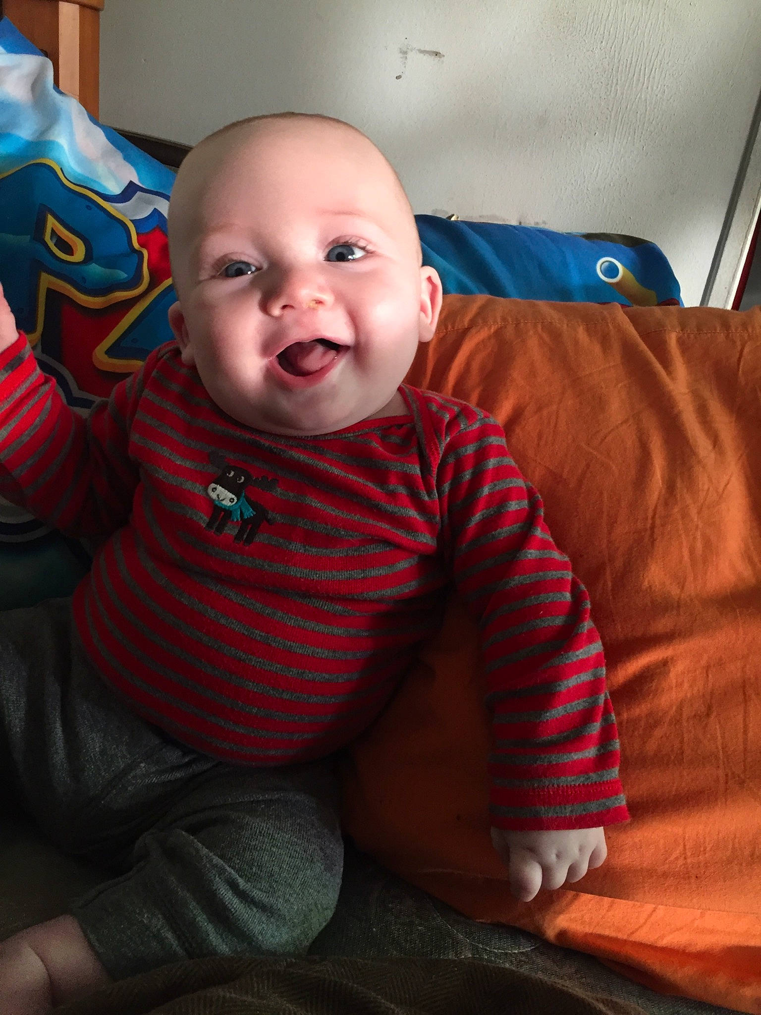 Braison is registered to the contest to win money with this photo: boy, cheek, child, chin, cool, emotion, eye, face, facial_expression, head, infant, mouth, nose, organ, person, red, sitting, skin, smile, toddler