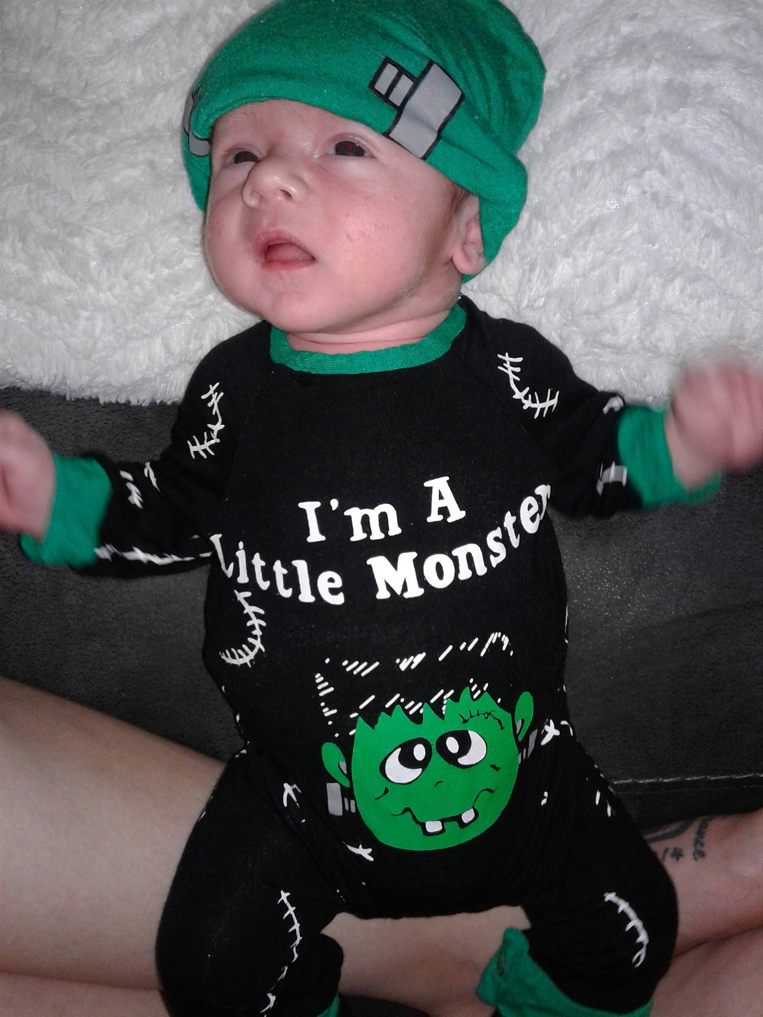 Landon joined the competition — help win amazing prizes! baby, baby_toddler_clothing, beanie, cap, child, cool, costume_accessory, fictional_character, green, hat, headgear, headwear, knit_cap, person, sleeve, t_shirt, toddler