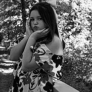Addilynn joined the competition — help win amazing prizes! child, girl, black_and_white, portrait, outdoor, trees, nature, flower_pattern, dress, bow, pouting, posing, railing, young, person, smile, leisure, fashion, casual, daylight
