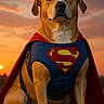 animal, canine, cape, cape_flowing, car_roof, costume, dog, hero, mammal, orange_sky, outdoor, pet, portrait, serious, sitting, sky, sunset, sunset_lighting, superhero, superman_costume