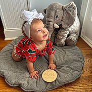 Harper is registered to the contest to win money with this photo: baby, child, infant, crawling, smiling, white_bow, watermelon_outfit, plush_elephant, gray_cushion, wooden_floor, indoor, milestone_sign, cute, happy, headband, toy, person, floor, wall, portrait