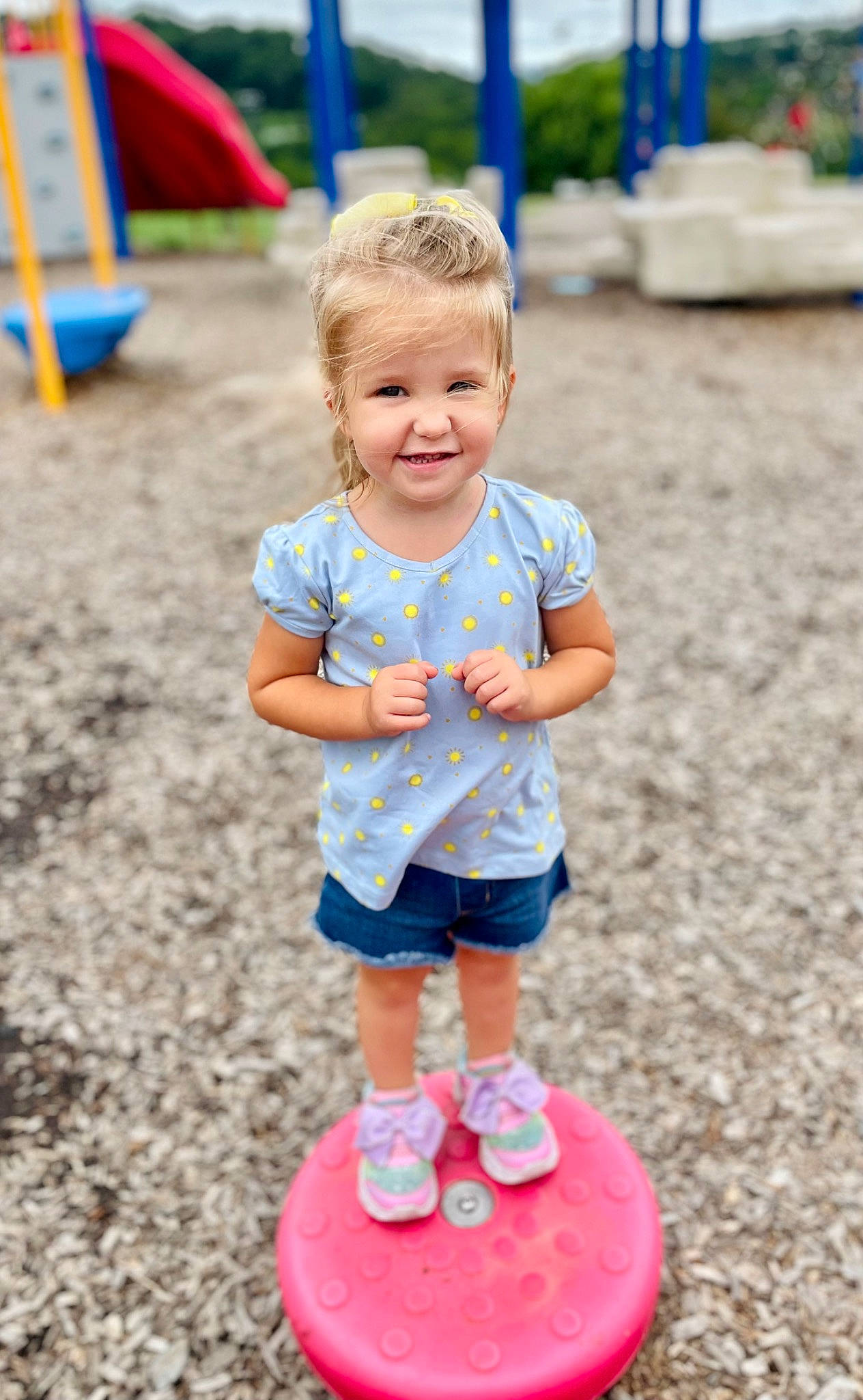 Meredith joined the competition — help win amazing prizes! asphalt, baby_toddler_clothing, blue, child, facial_expression, fun, grass, happy, human_settlement, joy, leisure, people, people_in_nature, person, recreation, shorts, smile, standing, summer, t_shirt