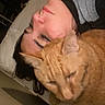 person, cat, orange_cat, lying_down, bed, relaxed, indoor, close_up, face, pet, animal, sleepy, cozy, companion, feline, resting, human, casual, comfort, cuddle