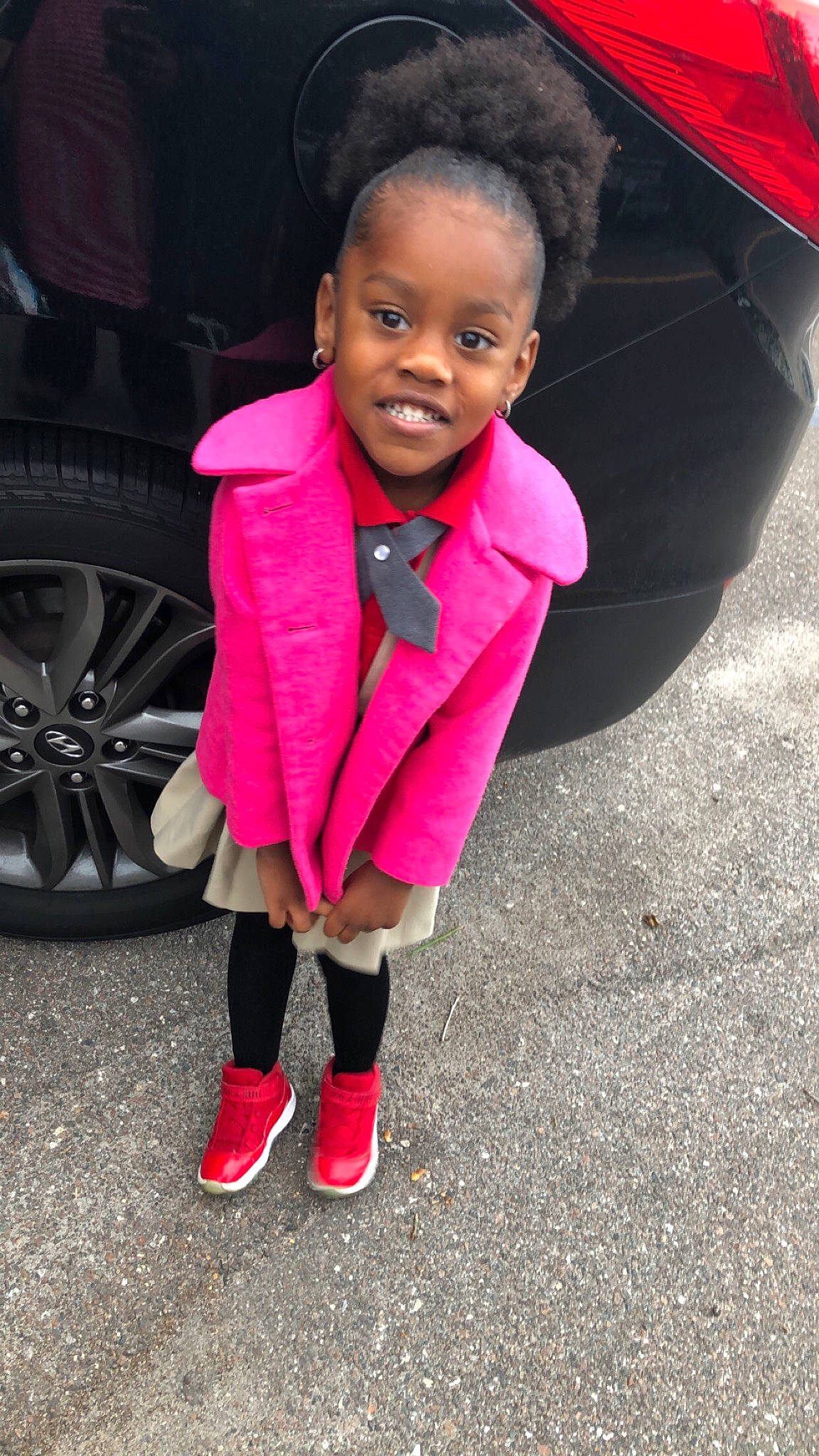 Janelle joined the competition — help win amazing prizes! beauty, child, cool, day, facial_expression, fashion, footwear, fun, girl, human, joy, magenta, outerwear, person, pink, red, shoe, smile, standing, textile
