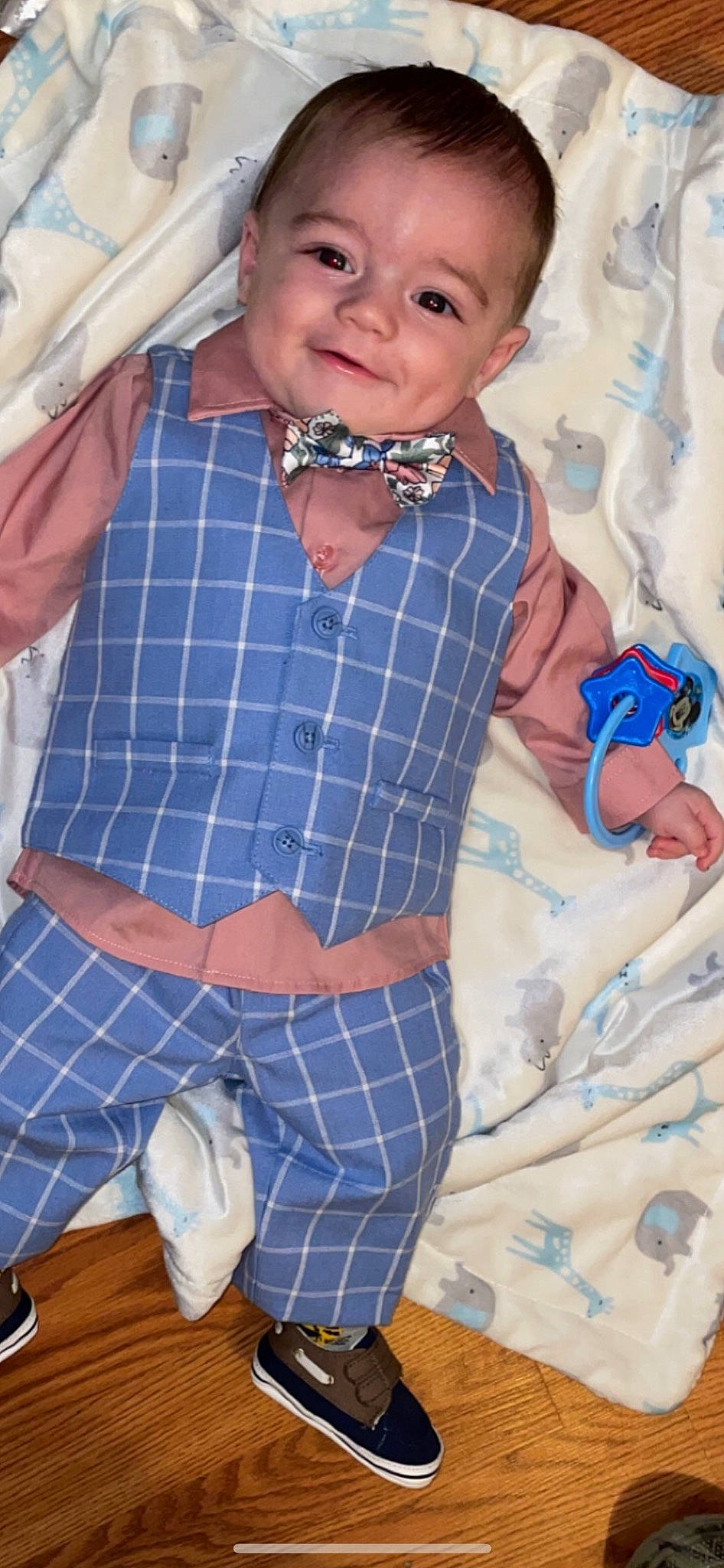 Waylen joined the competition — help win amazing prizes! baby, baby_products, baby_safety, baby_toddler_clothing, blue, child, dress_shirt, electric_blue, happy, human_leg, joy, linens, pattern, person, plaid, sitting, sleeve, tartan, textile, thigh