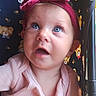 Catherine is registered to the contest to win money with this photo: baby, infant, child, portrait, close_up, blue_eyes, wide_eyed, open_mouth, pink_bow, headband, pink_clothing, sitting, indoor, cozy, teddy_bears, patterned_background, soft_lighting, face, adorable, candid