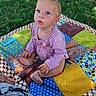 Catherine is registered to the contest to win money with this photo: baby, child, infant, portrait, sitting, outdoor, grass, quilt, patchwork, colorful, purple_clothing, floral_pattern, polka_dots, blue_eyes, blond_hair, face, hands, feet, garden, daylight