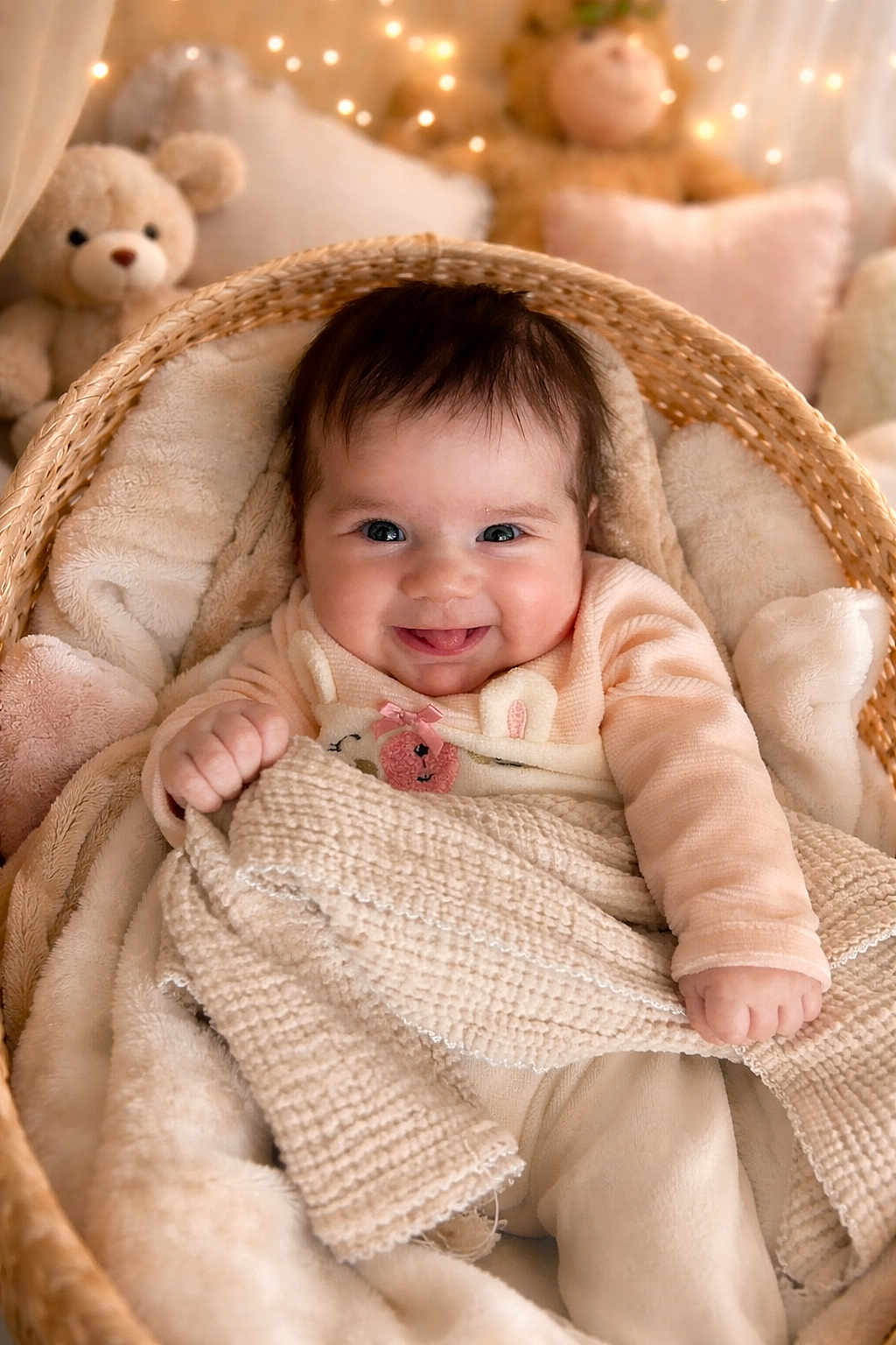Nina a rejoint le concours — aidez-le/la à gagner de superbes lots ! baby, infant, smiling, portrait, basket, blanket, plush_toy, teddy_bear, cozy, cute, indoors, soft_lighting, nursery, bedding, hand, eyes, warm_colors, smile, blanket_texture, portrait_photography