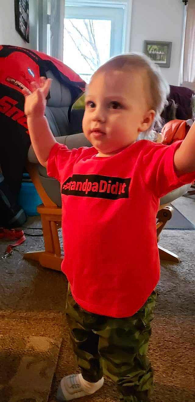 Asher joined the competition — help win amazing prizes! arm, baby, child, person, play, red, smile, t_shirt, toddler