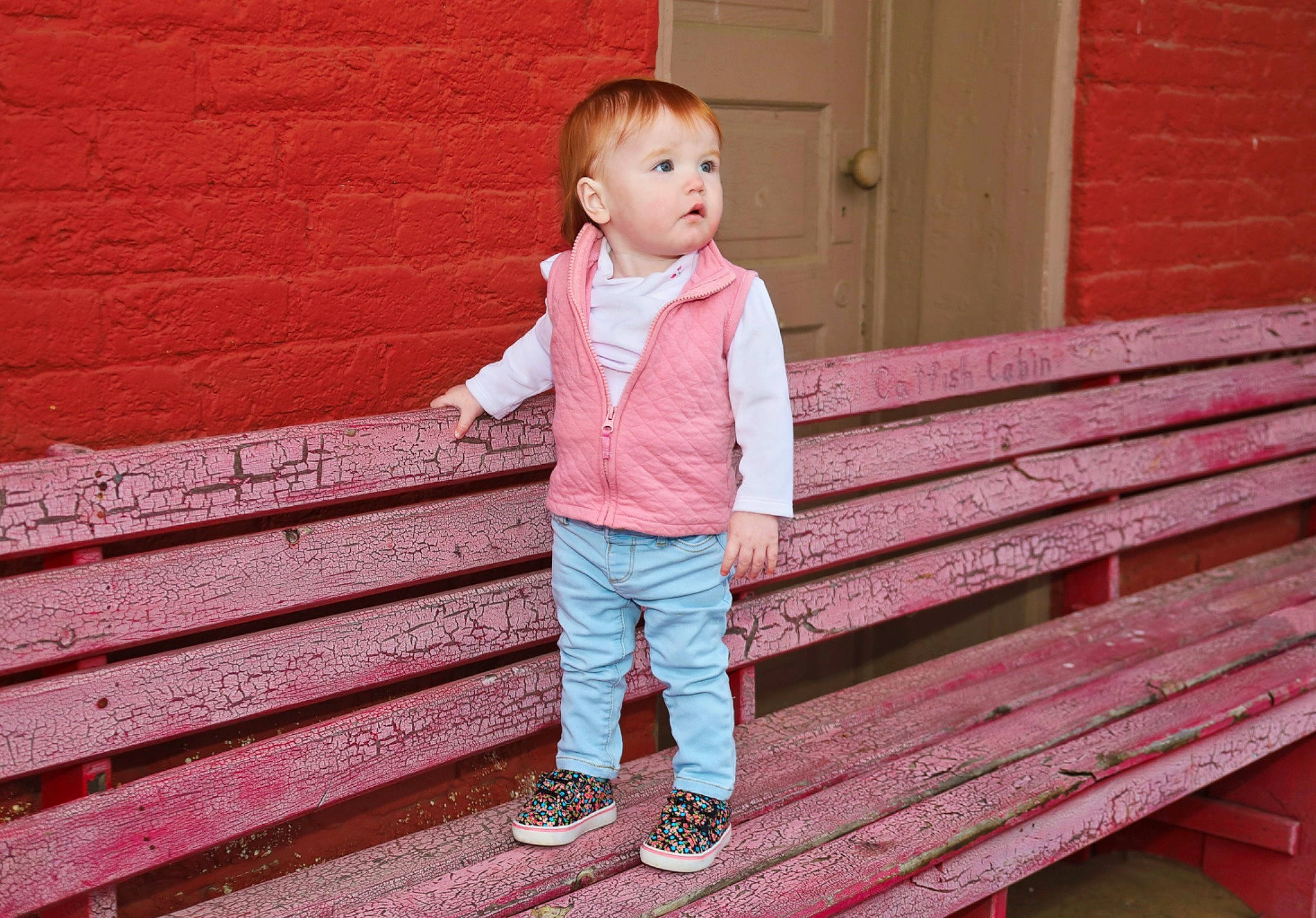 Mckinley joined the competition — help win amazing prizes! baby_toddler_clothing, child, door, flooring, fun, happy, hardwood, leisure, magenta, pattern, people_in_nature, person, pink, red, sitting, sleeve, stairs, standing, toddler, wood