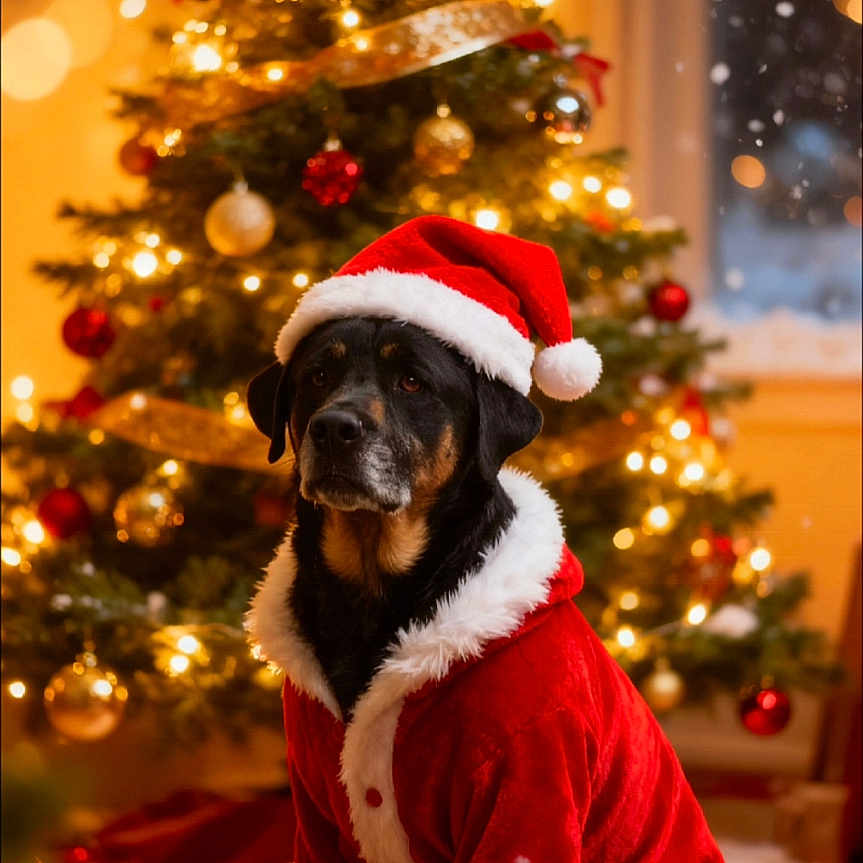 Tex a rejoint le concours — aidez-le/la à gagner de superbes lots ! canine, celebration, christmas_lights, christmas_tree, cozy, decorations, dog, festive, floor, fur, holiday, indoor, ornaments, pet, red, santa_claus_outfit, santa_hat, warm_lighting, window, winter