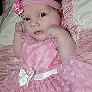 Luna is registered to the contest to win money with this photo: baby, infant, child, pink_dress, headband, flower, white_bow, lace, cute, portrait, closeup, soft_texture, cushion, resting, indoor, young_child, baby_girl, curious, face, skin