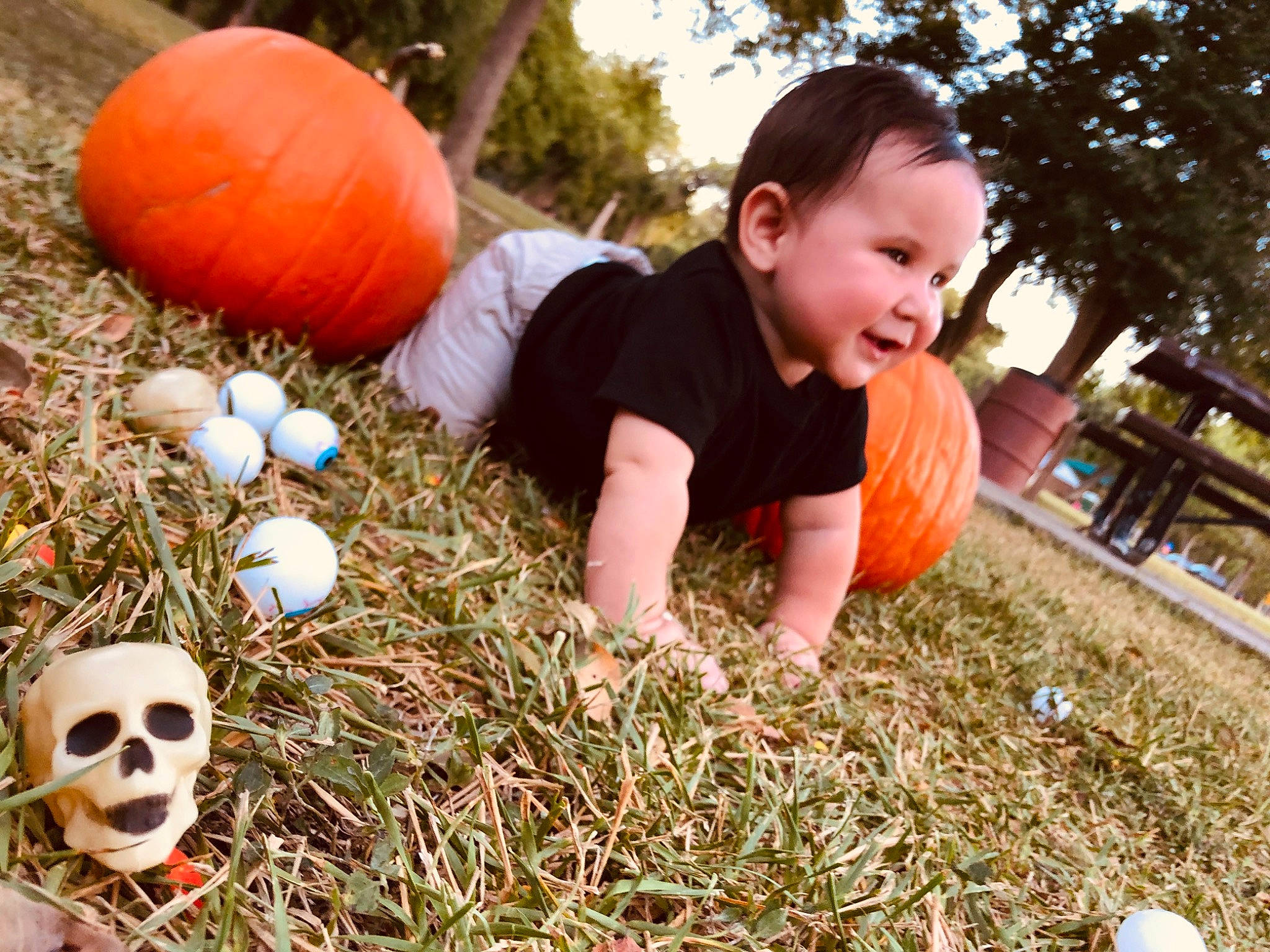 Jovanni is registered to the contest to win money with this photo: calabaza, child, cucurbita, egg, fun, grass, person, plant, play, pumpkin, smile, toddler, winter_squash