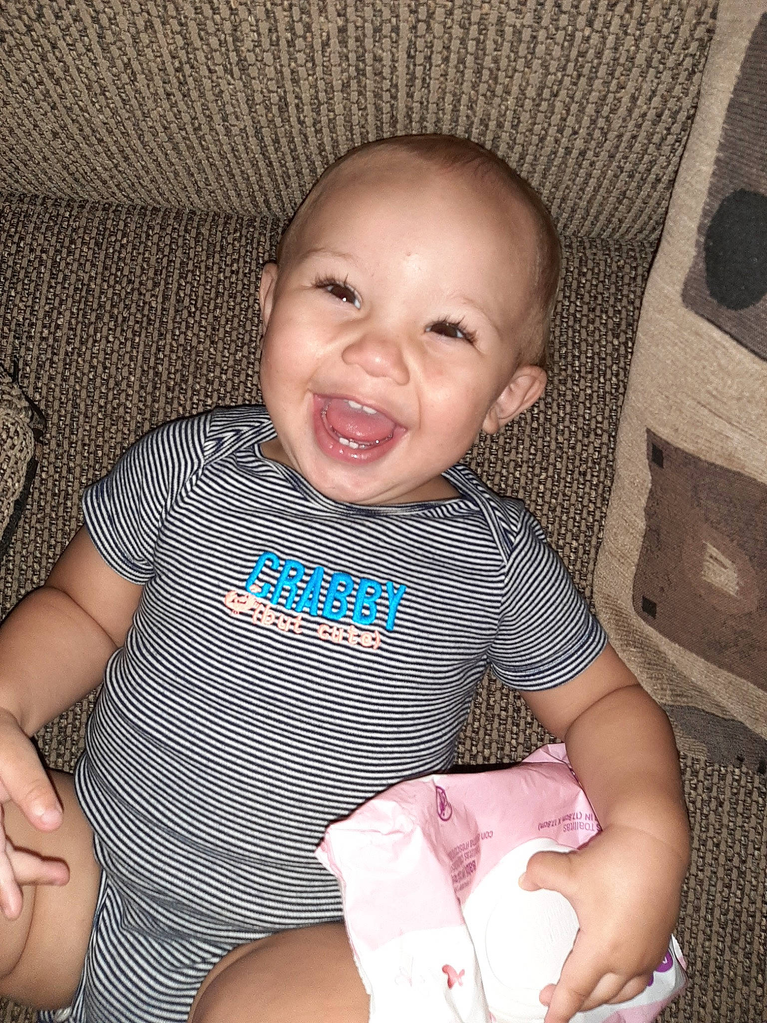 Kobie joined the competition — help win amazing prizes! baby, baby_toddler_clothing, cheek, child, face, facial_expression, finger, happy, head, iris, laugh, leg, people, person, sitting, skin, smile, toddler, vacation