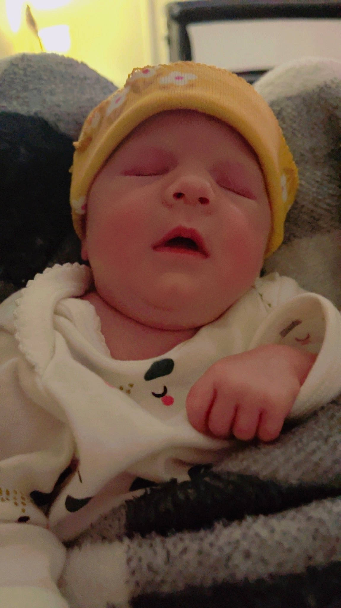 Cecily is registered to the contest to win money with this photo: baby, baby_products, baby_sleeping, baby_toddler_clothing, bedtime, carmine, cheek, child, comfort, finger, fur, happy, hat, linens, mouth, nose, person, skin, thumb, toddler