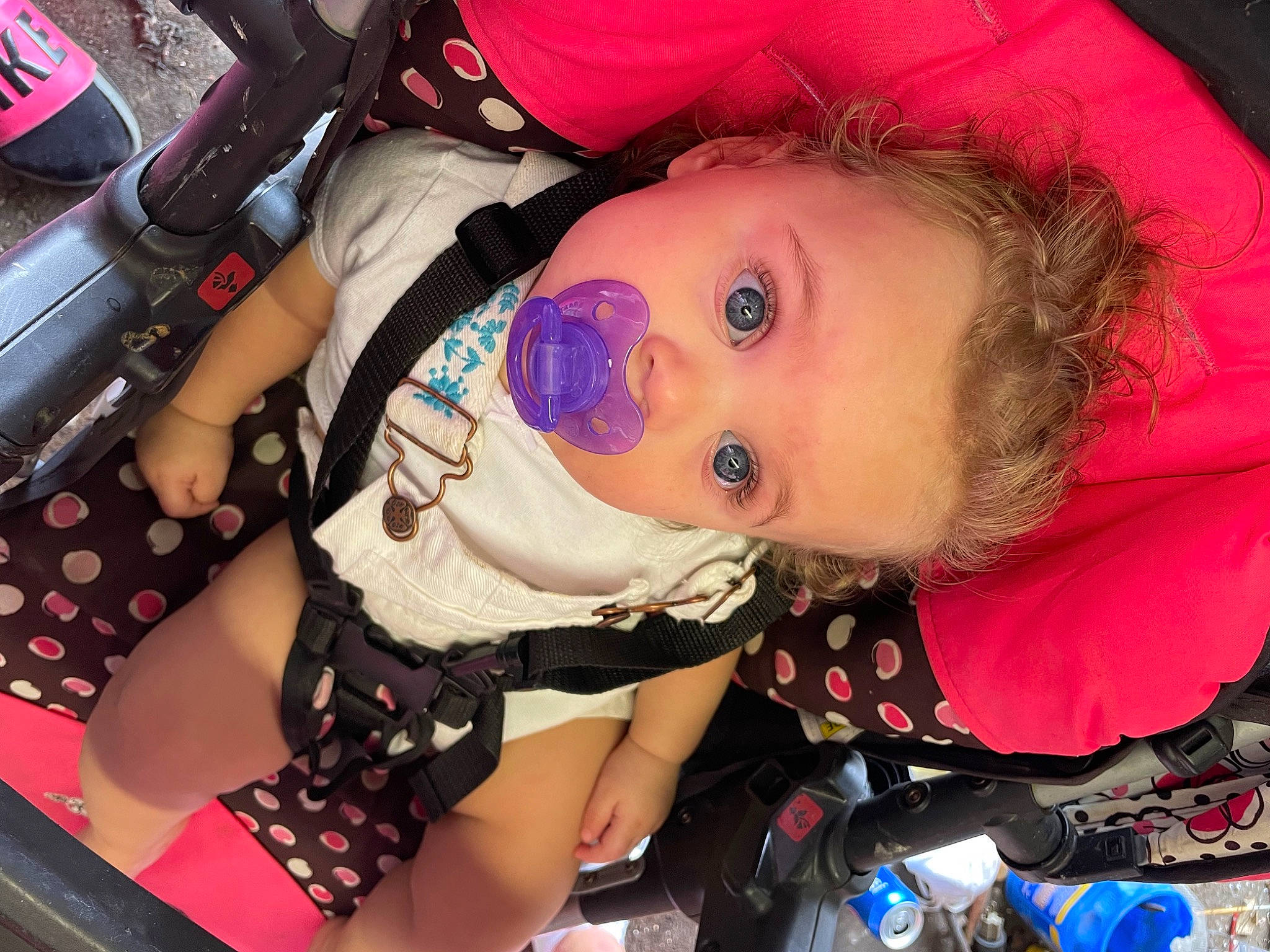 Brinsley is registered to the contest to win money with this photo: baby, baby_carriage, baby_products, beauty, car_seat, cheek, child, eyelash, fun, happy, human_body, human_leg, mouth, person, pink, product, purple, sitting, skin, surprise
