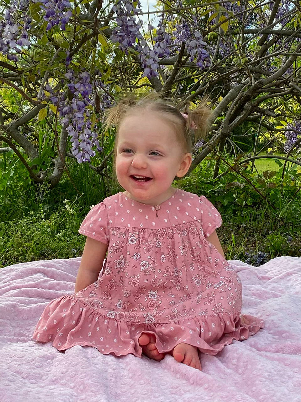 Emma is registered to the contest to win money with this photo: baby, baby_toddler_clothing, beauty, dress, embellishment, eye, face, fun, grass, happy, head, joy, magenta, people_in_nature, person, pink, plant, purple, sleeve, smile
