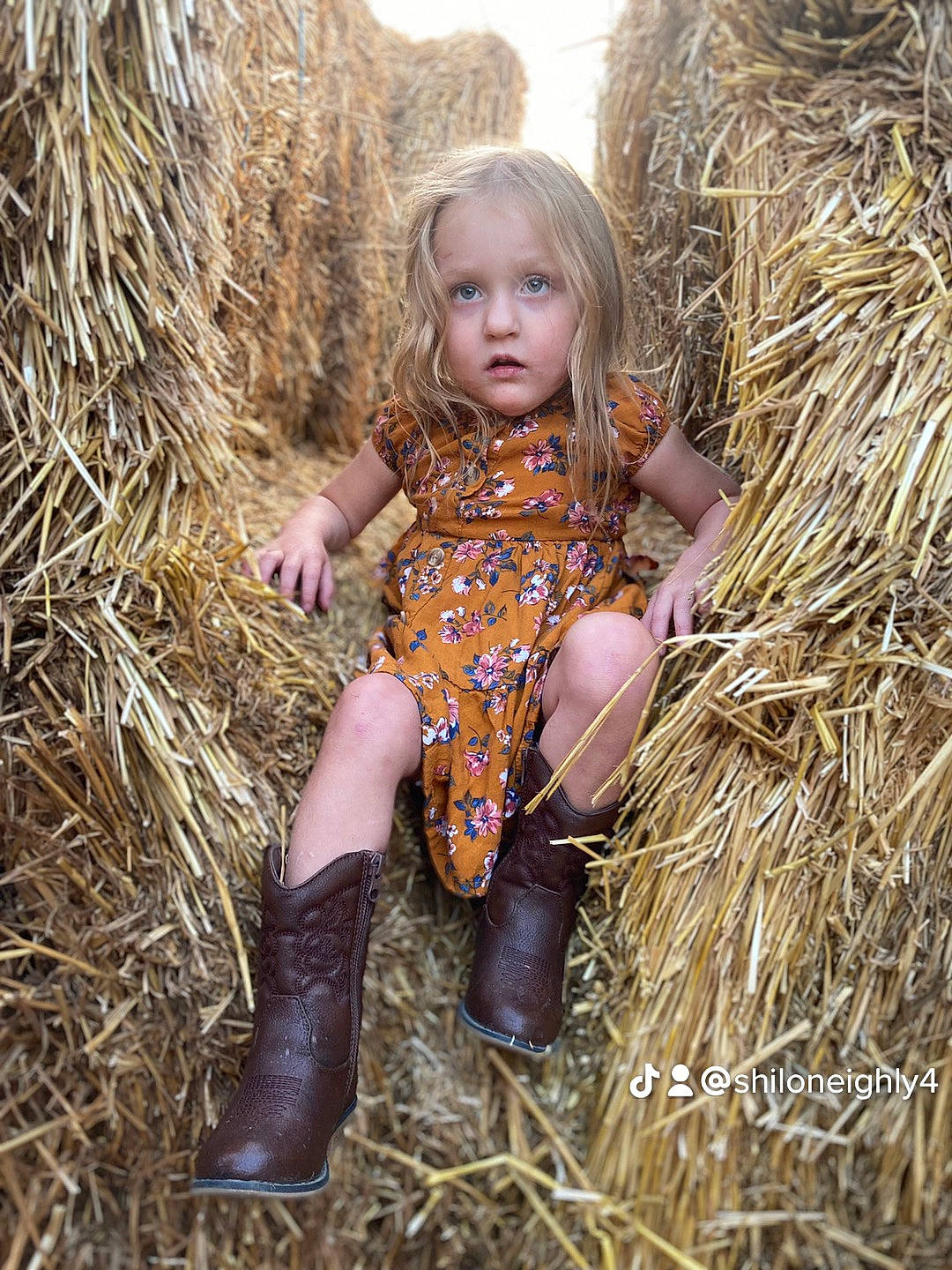 Emma is registered to the contest to win money with this photo: boot, brown_hair, child, dress, fawn, grass, happy, hay, head, human_leg, long_hair, people_in_nature, person, plant, sitting, soil, straw, thigh, toddler, trunk