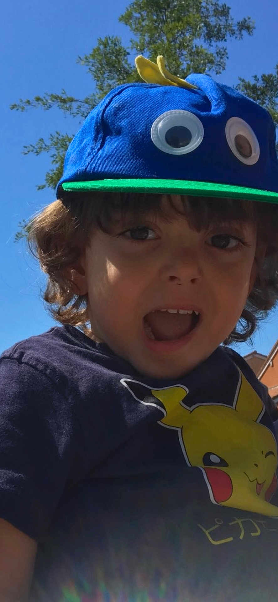 Luan a rejoint le concours — aidez-le/la à gagner de superbes lots ! child, boy, hat, cap, blue_sky, outdoor, smiling, expression, pikachu, shirt, cartoon, tree, sunlight, daylight, casual_clothing, curly_hair, face, person, nature, playful