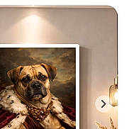 Red joined the competition — help win amazing prizes! animal, browser_screenshot, decorative_art, dog, framed_picture, fur_trim, furniture, home_decor, indoors, jewelry, lamp, pet, plant, portrait, pug, royal_costume, shopping_website, sitting, wall, warm_lighting