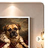 animal, browser_screenshot, decorative_art, dog, framed_picture, fur_trim, furniture, home_decor, indoors, jewelry, lamp, pet, plant, portrait, pug, royal_costume, shopping_website, sitting, wall, warm_lighting