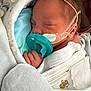 newborn, baby, infant, sleeping, pacifier, swaddle, blanket, hospital, medical_tube, nasal_cannula, oxygen_tube, hand, face, closed_eyes, hospital_gown, incubator, cozy, resting, tiny_hand, crib