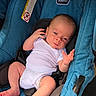 baby, infant, car_seat, blue, white_onesie, child, newborn, skin, hand, foot, seatbelt, fabric, portrait, cute, small, relaxing, indoors, person, sitting, comfort