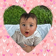 Liam joined the competition — help win amazing prizes! baby, child, face, surprised, expression, heart_frame, pink, purple, doodles, outdoor, grass, blanket, collared_shirt, portrait, cute, young_child, hands, happy, skin, hair