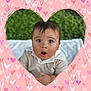 baby, child, face, surprised, expression, heart_frame, pink, purple, doodles, outdoor, grass, blanket, collared_shirt, portrait, cute, young_child, hands, happy, skin, hair