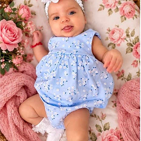Haydee is registered to the contest to win money with this photo: baby, child, infant, portrait, smiling, happy, blue_dress, floral_pattern, headband, flower, wicker_basket, pink_blanket, roses, flowers, soft_blanket, lying_down, indoor, pastel_colors, baby_photography, cute