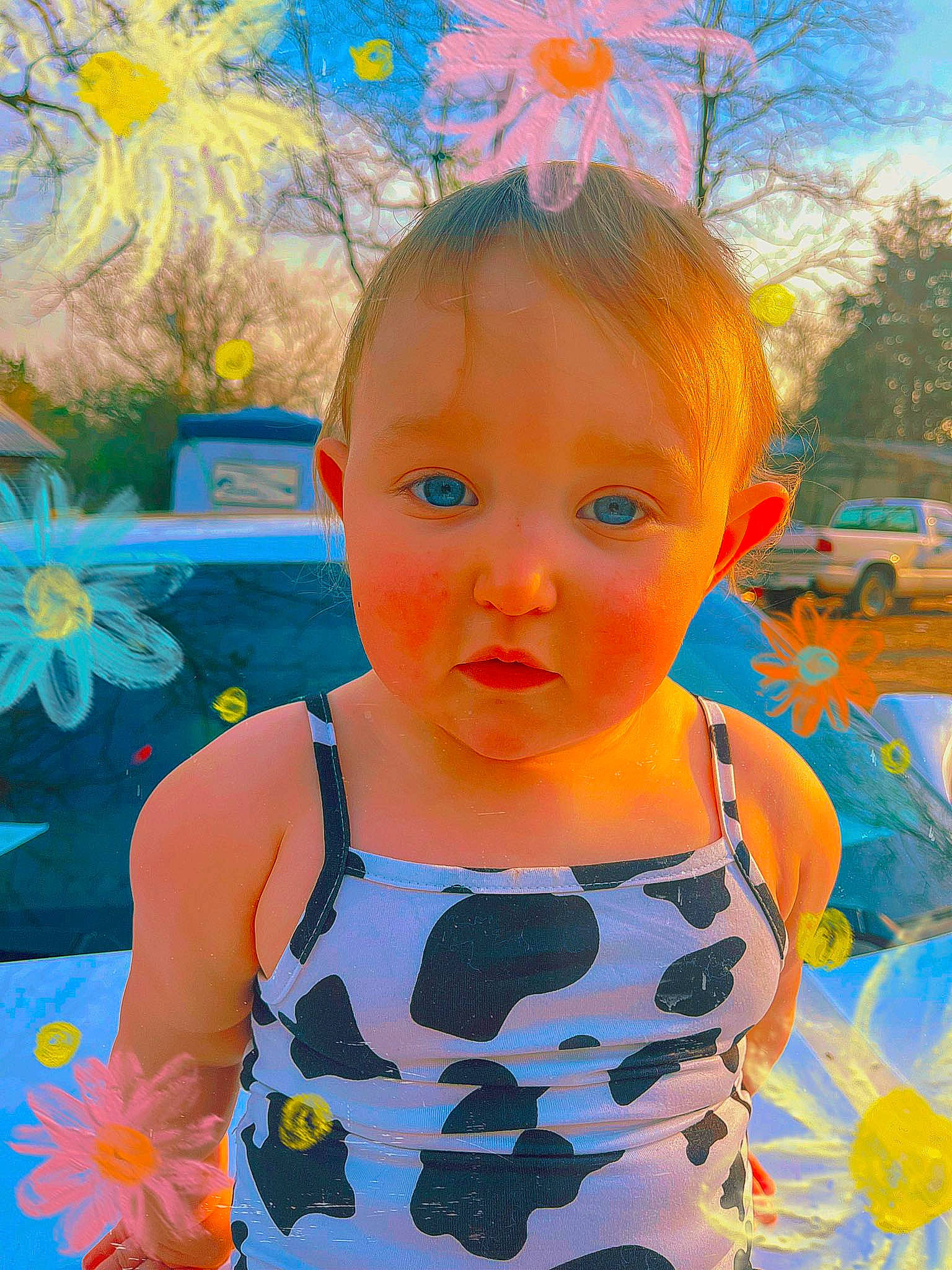 Hazel joined the competition — help win amazing prizes! azure, baby_toddler_clothing, blue, cheek, dress, eye, face, facial_expression, hair, hairstyle, happy, head, iris, leaf, orange, person, photograph, pink, summer, toddler