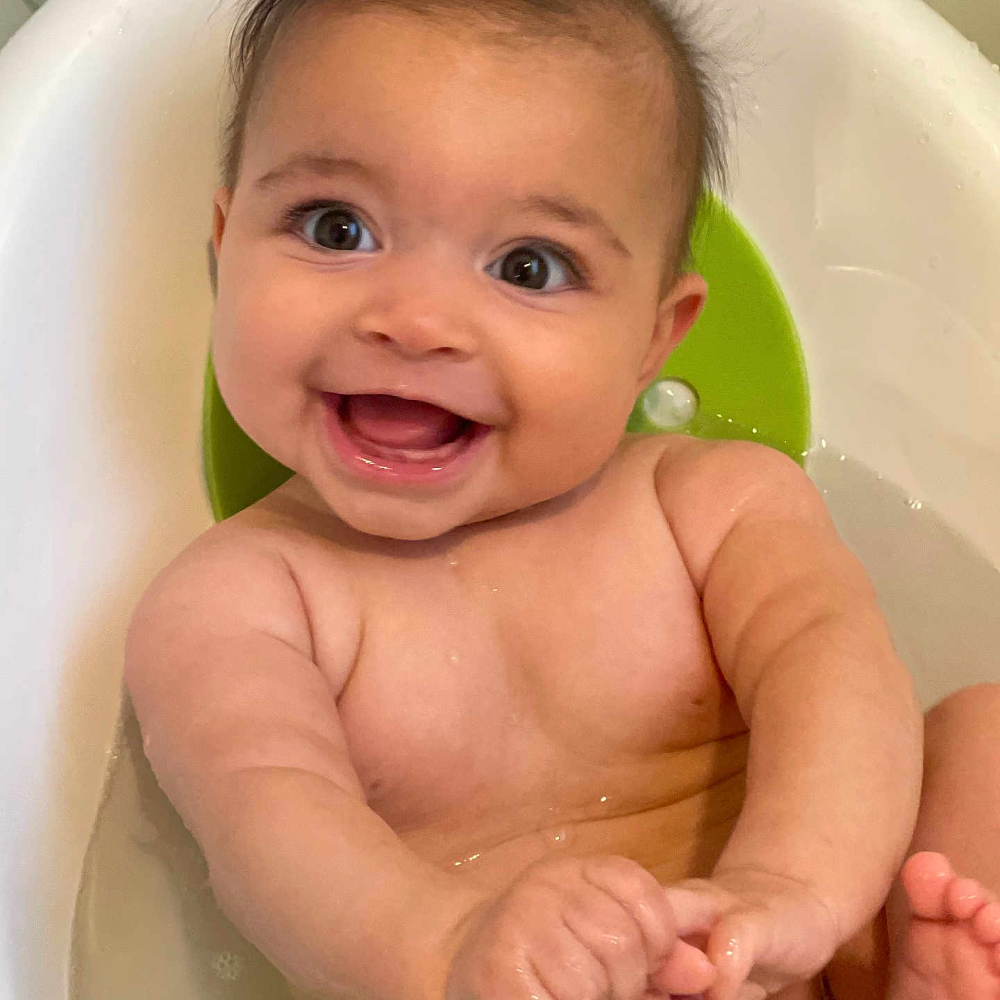 Morgan James joined the competition — help win amazing prizes! baby, bath, bathtub, child, cute, expression, face, feet, hands, happy, indoors, infant, joy, playful, sitting, skin, smile, water, water_droplets, young_child