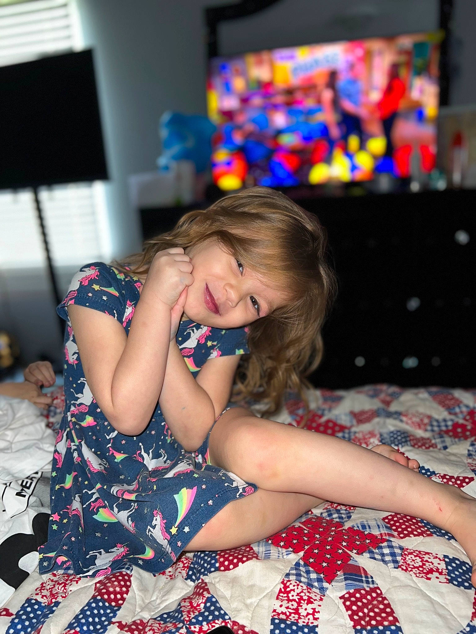 Ariyah joined the competition — help win amazing prizes! child, comfort, curtain, event, finger, fun, happy, human_leg, joy, leisure, linens, party, pattern, person, play, room, sitting, smile, television, television_set