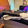 Hendrix is registered to the contest to win money with this photo: baby, bed, blanket, bottle, curtain, furniture, headboard, lamp, person, pillow, television, photo_frame, smile, table, window, wood, room, indoor, water, blanket_pile