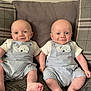 baby, infant, toddler, twins, smiling, clothing, overalls, whale_patch, couch, pillow, plaid, solid_color, blanket, feet, toes, happy, indoor, portrait, cute, child
