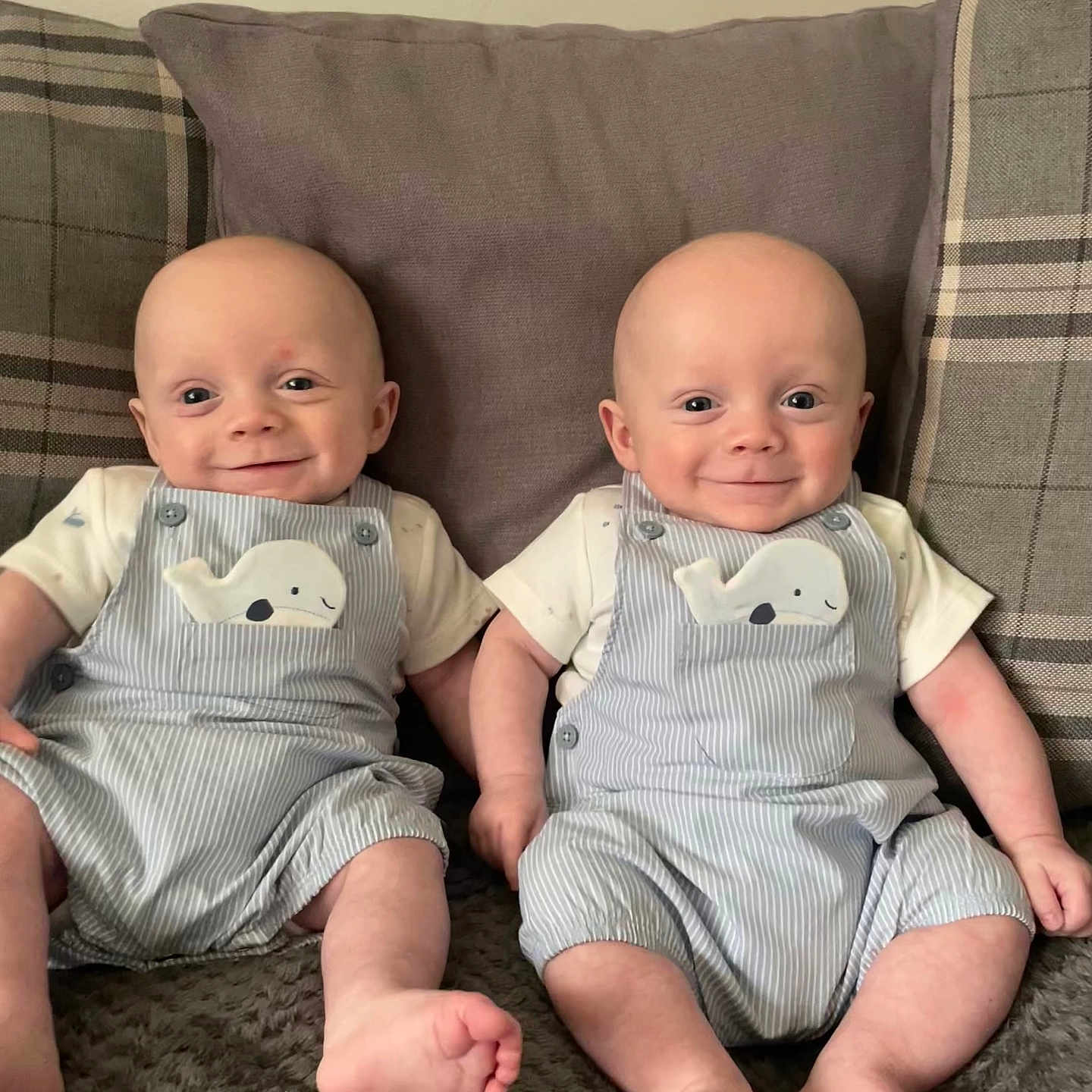 Alfie And Ethan is registered to the contest to win money with this photo: baby, blanket, child, clothing, couch, cute, feet, happy, indoor, infant, overalls, pillow, plaid, portrait, smiling, solid_color, toddler, toes, twins, whale_patch