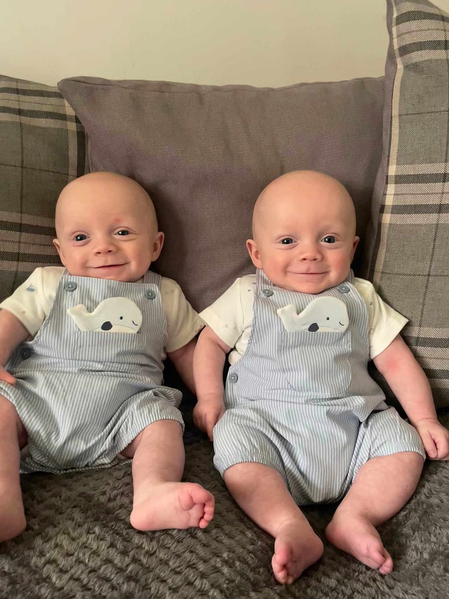 Alfie And Ethan is registered to the contest to win money with this photo: baby, infant, toddler, twins, smiling, clothing, overalls, whale_patch, couch, pillow, plaid, solid_color, blanket, feet, toes, happy, indoor, portrait, cute, child