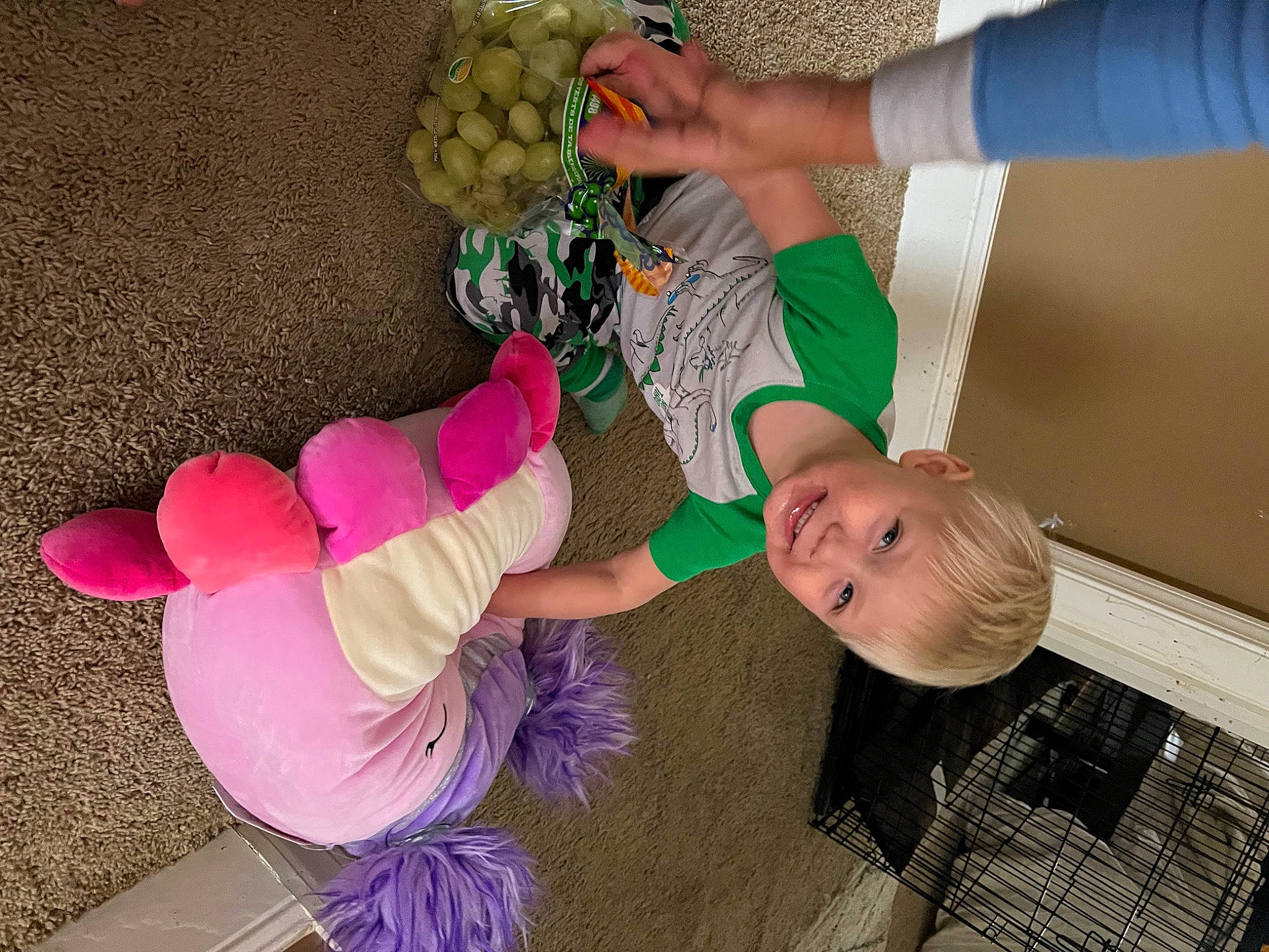 Harrison is registered to the contest to win money with this photo: ananas, baby, baby_products, baby_toddler_clothing, child, event, fun, grape, hand, happy, joy, leisure, magenta, natural_foods, pattern, person, play, sitting, smile, sock