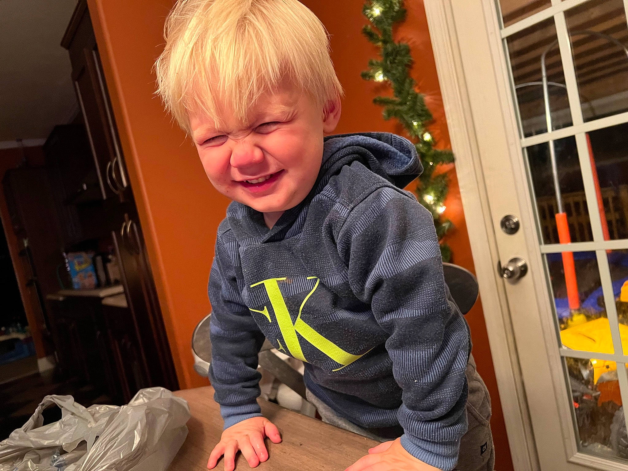 Harrison joined the competition — help win amazing prizes! baby_toddler_clothing, cheek, child, christmas, flooring, fun, happy, person, plant, play, room, shelf, sitting, sleeve, smile, standing, t_shirt, toddler, tree, window