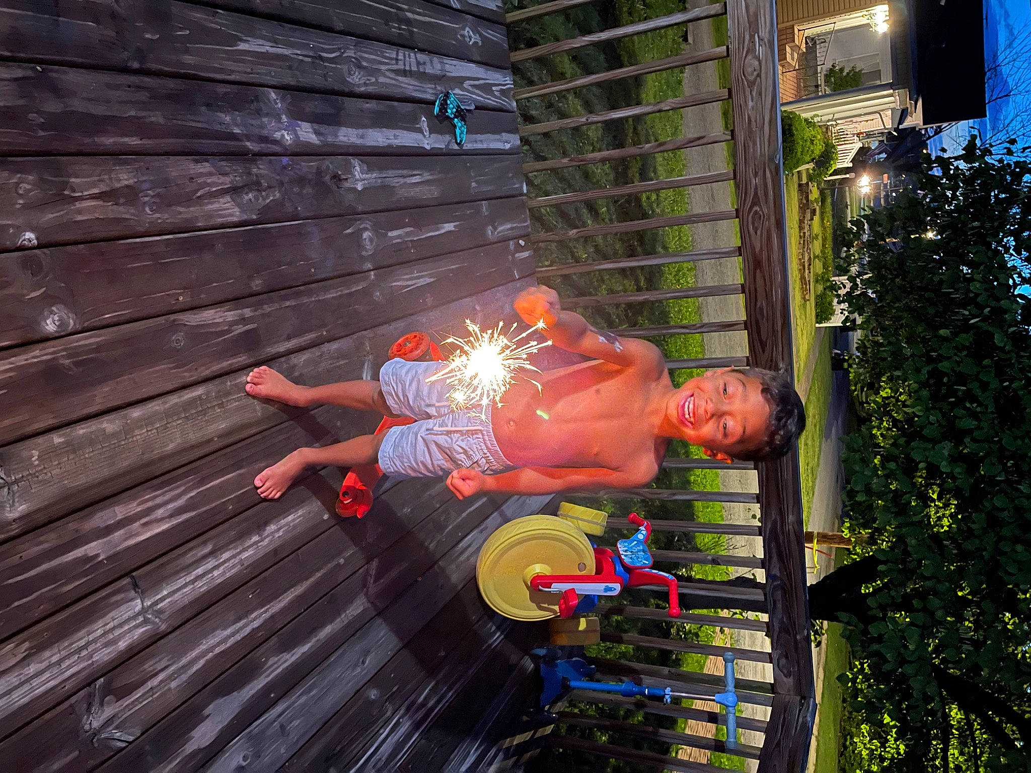 Olyver is registered to the contest to win money with this photo: backyard, deck, fun, garden, grass, hardwood, house, leisure, person, plant, smile, toddler, tree, window, wood, yard