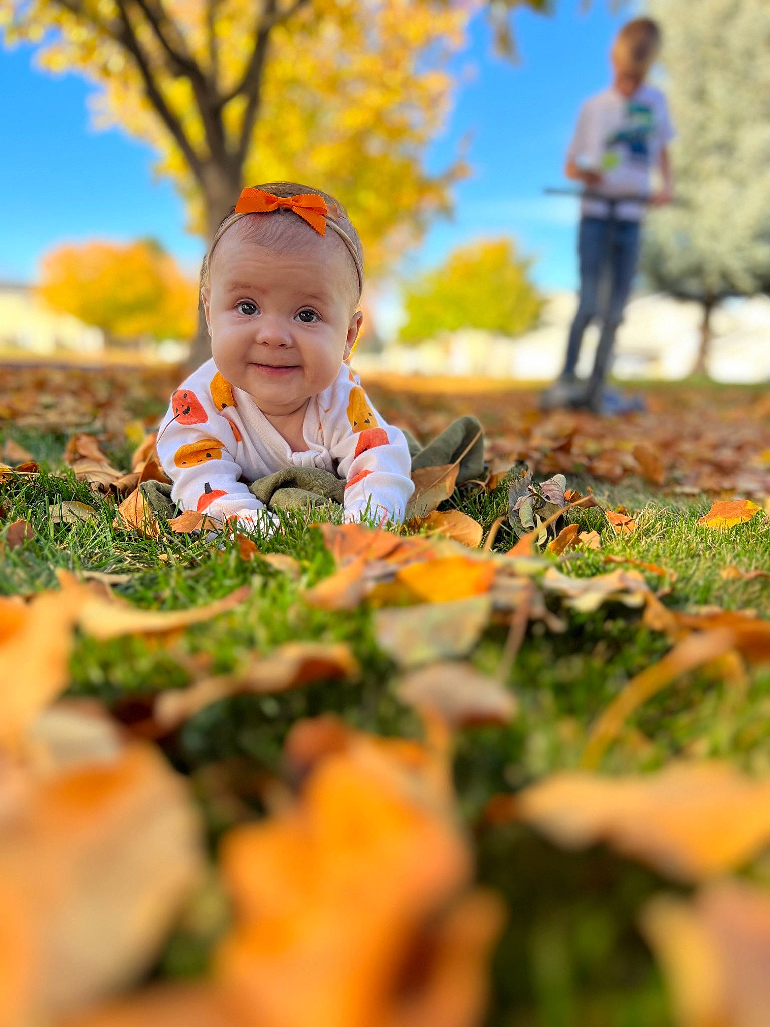 Oaklyn joined the competition — help win amazing prizes! baby, baby_toddler_clothing, deciduous, fun, grass, happy, joy, leaf, leisure, natural_landscape, orange, people_in_nature, person, plant, pumpkin, sky, smile, toddler, tree, vegetable