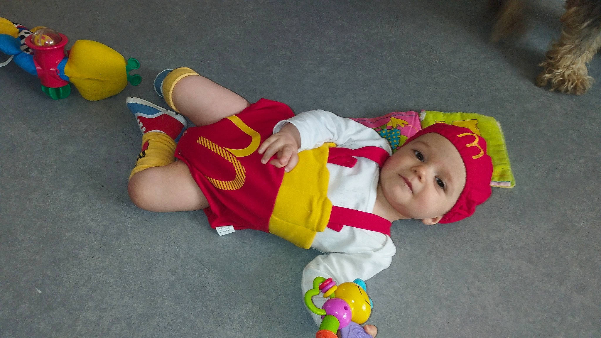 Thyago a rejoint le concours — aidez-le/la à gagner de superbes lots ! baby, baby_products, baby_toddler_clothing, baby_toys, carmine, child, costume, event, fictional_character, flooring, fun, hat, headwear, human_leg, lap, person, room, sleeve, smile, sock