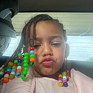 Akari joined the competition — help win amazing prizes! child, girl, braids, beads, colorful, selfie, car, car_seat, window, pouting, hair, portrait, clothing, pink_jacket, sunlight, happy, cute, casual, indoors, person