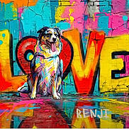 Benji participe au concours pour gagner de l'argent avec cette photo : artistic, background, brick_wall, canine, colorful, dog, graffiti, love, multicolor, mural, paint, reflection, sitting, spray_paint, street_art, texture, tongue_out, urban, vibrant, wall