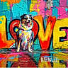 artistic, background, brick_wall, canine, colorful, dog, graffiti, love, multicolor, mural, paint, reflection, sitting, spray_paint, street_art, texture, tongue_out, urban, vibrant, wall