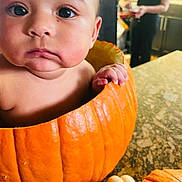 Nikko joined the competition — help win amazing prizes! autumn, baby, background, blurred, child, closeup, curious, expression, face, fruit, hand, holding, holiday, indoor, kitchen, orange, person, pumpkin, skin, table