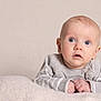 Theo joined the competition — help win amazing prizes! baby, infant, face, eyes, expression, sweater, gray_clothing, blanket, soft_texture, neutral_background, portrait, closeup, hands, cute, child, newborn, skin, head, small_person, indoor