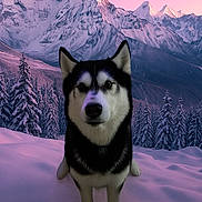 Snooky participe au concours pour gagner de l'argent avec cette photo : adventure, animal, canine, cold, dog, forest, husky, landscape, majestic, mountain, nature, outdoor, pine_tree, portrait, scenic, sky, snow, sunset, wilderness, winter