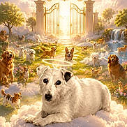 Sarah a rejoint le concours — aidez-le/la à gagner de superbes lots ! dog, cloud, rainbow, gate, halo, flower, tree, waterfall, grass, sky, sunlight, garden, nature, park, animal, outdoor, cute, peaceful, heaven, paradise